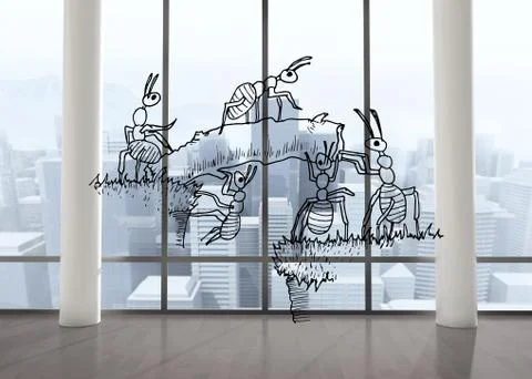 Working ants in room with big windows Stock Illustration