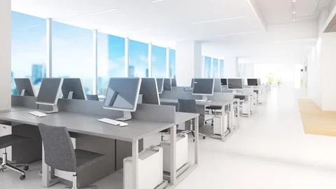 Working area in a large office building with desks and corridors, bright wh.. Stock Illustration