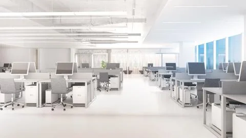 Working area in a large office building with desks and corridors, bright wh.. Stock Photos