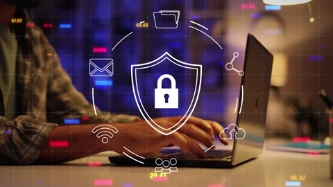 Working artificial intelligence. laptop in neon light with computer VPN, virtual Stock-Footage 245315631