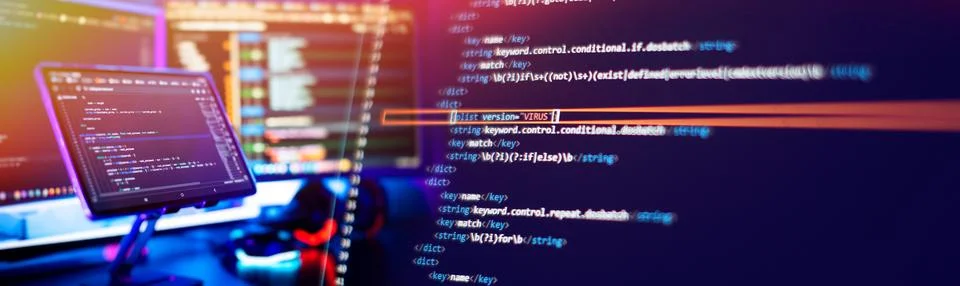 Working atmosphere of a programmer at home, background. Programming code abst Foto stock