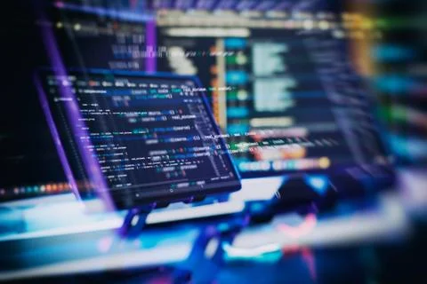 Working atmosphere of a programmer at home, background. Programming code abst Foto stock