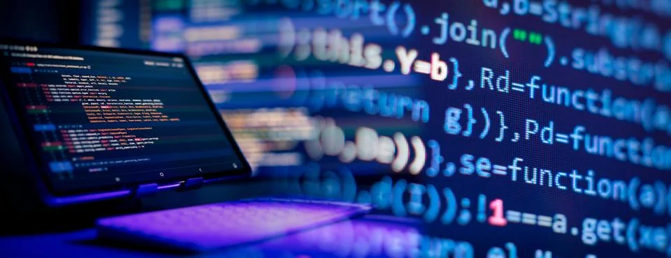 Working atmosphere of a programmer at home, background. Programming code ab.. 库存照片