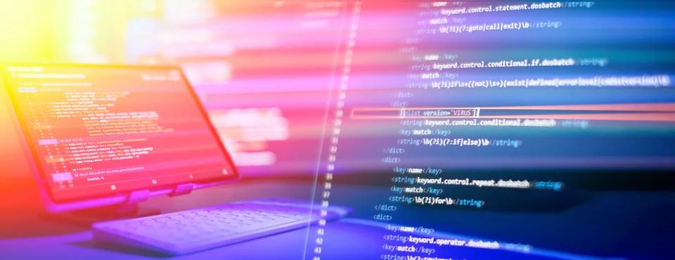 Working atmosphere of a programmer at home, background. Programming code ab.. 库存照片