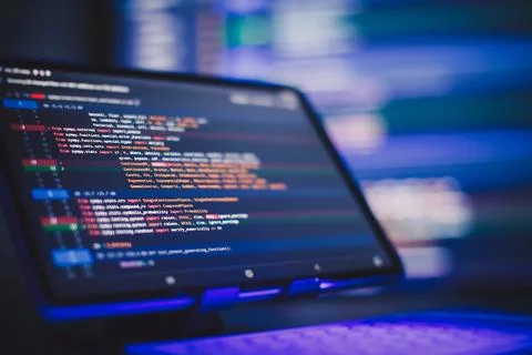 Working atmosphere of a programmer at home, background. Programming code ab.. 库存照片