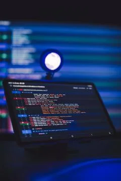 Working atmosphere of a programmer at home, background. Programming code ab.. 스톡 사진