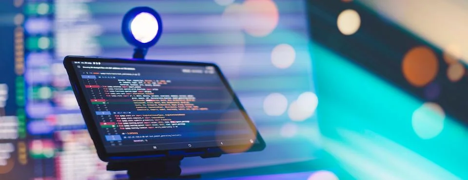 Working atmosphere of a programmer at home, background. Programming code ab.. Stock Photos