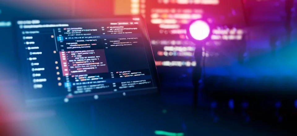 Working atmosphere of a programmer at home, background. Programming code ab.. Stock Photos