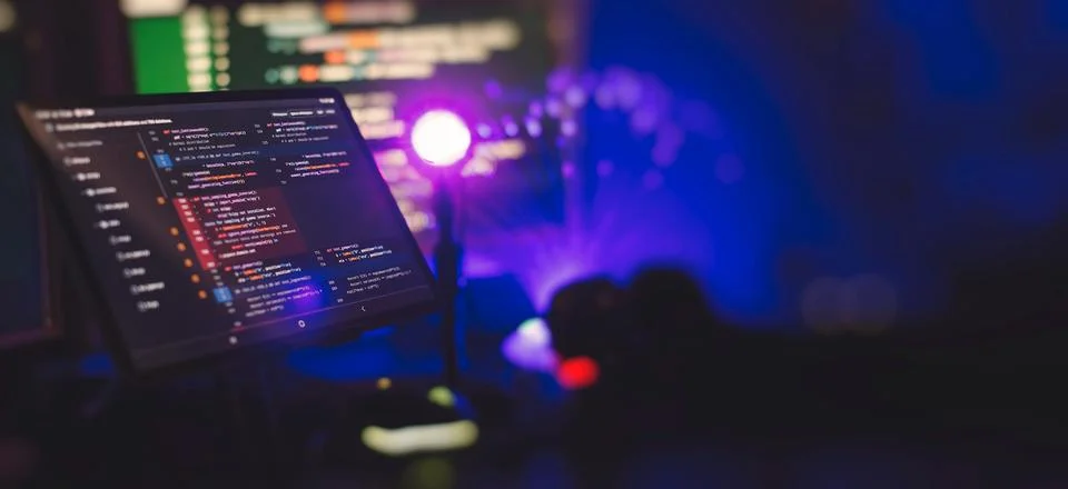Working atmosphere of a programmer at home, background. Programming code ab.. 库存照片