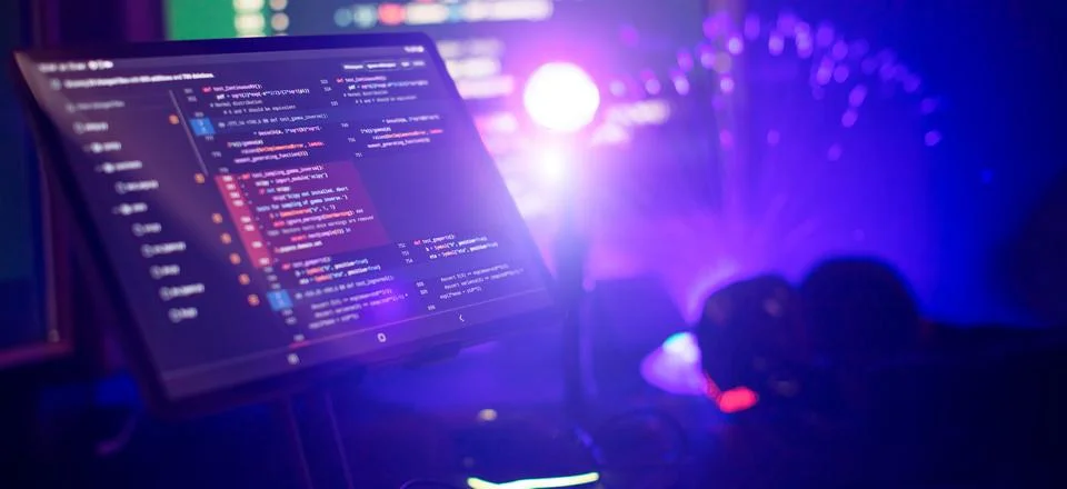 Working atmosphere of a programmer at home, background. Programming code ab.. 스톡 사진