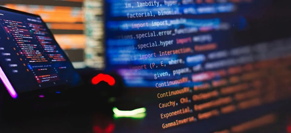 Working atmosphere of a programmer at home, IT business. Monitor closeup of.. Stock Photos