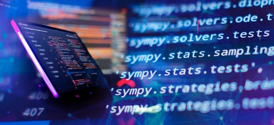 Working atmosphere of a programmer at home, IT business. Monitor closeup of.. Stock Photos