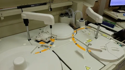 Working of automatic machine. Analysis blood at hospital laboratory. Testing Stock Footage 90819727