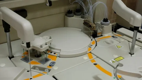 Working of automatic machine. Analysis blood at hospital laboratory. Testing Stock Footage 90819742