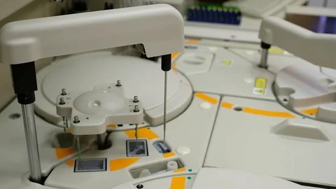 Working of automatic machine. Analysis blood at hospital laboratory. Testing Stock Footage 90819769