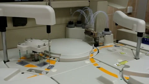 Working of automatic machine. Analysis blood at hospital laboratory. Testing Stock Footage 90819773