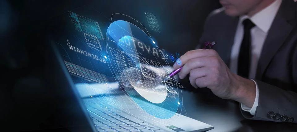 Working with blockchain and cryptocurrency virtual screen Stockillustratie