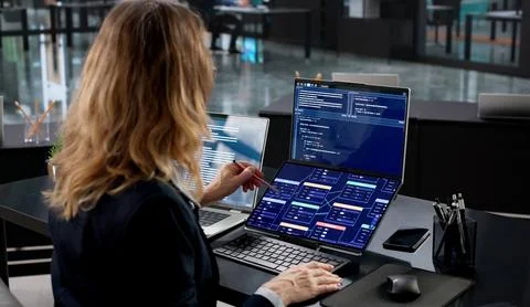 Working On Blockchain Security With AI Editor In Business Meeting Stock Photos