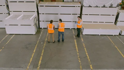 Working, Blue Collar Worker, Manual Worker, Warehouse, Drywall, High Angle View, Stock Footage 94124117