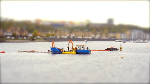 Working Boats on the Water. Tilt Shift Timelapse. Video stock 56554532
