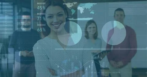 Working business colleagues analyzing data visualizations in office, with tablet Stock Photos
