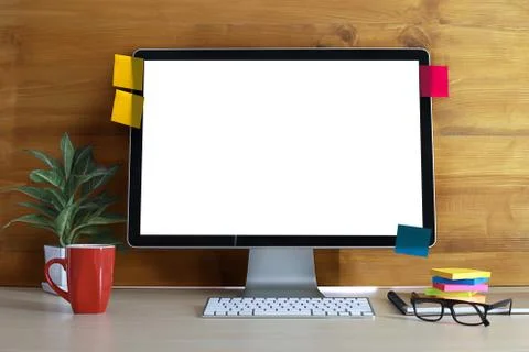 Working Businessman using a desktop computer of the blank screen Stockfoto's