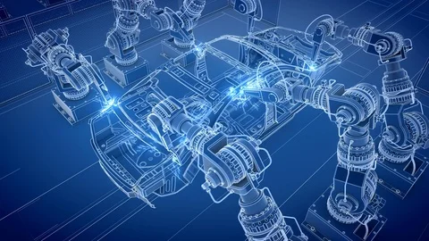 Working Car Conveyor Belt on the Automobile Plant with Spot Welding Robots Stock Footage