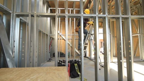 Working Caucasian Men. Construction Site. Hard Hat Area. Stock Footage 95600335