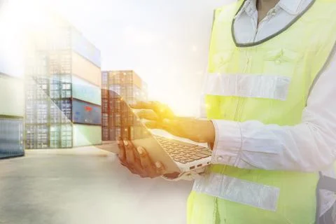 Working checking work with a laptop computer tool Stock Photos