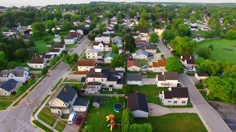 Working class neighborhood, early morning, aerial view. Stock Footage