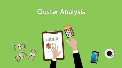 Working on cluster analysis  a table with littered money and calculato Stock-Illustration