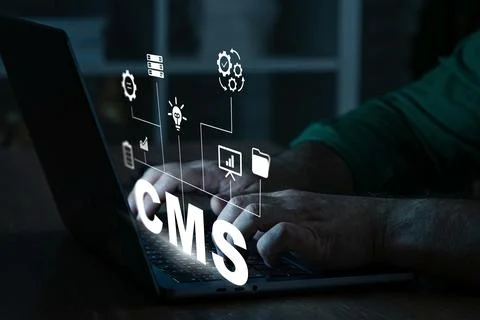 Working on a CMS system with visuals on a laptop screen in a dimly lit room Stock Photos
