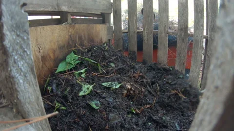 Working compost in a pallet bin using a garden fork Stock Footage 133465643