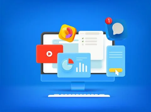 Working with computer. 3d vector concept Иллюстрация