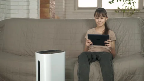 Working computer by air purifier. Stock Footage 223205755