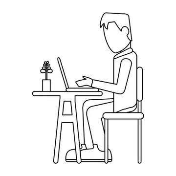 Working with computer avatar black and white Stock Illustration