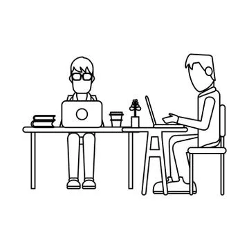 Working with computer avatar black and white Illustrazione stock