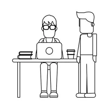 Working with computer avatar black and white イラスト素材