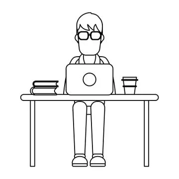 Working with computer avatar black and white Illustrazione stock