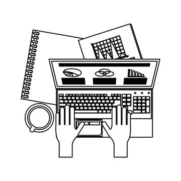 Working with computer avatar black and white Stock Illustration