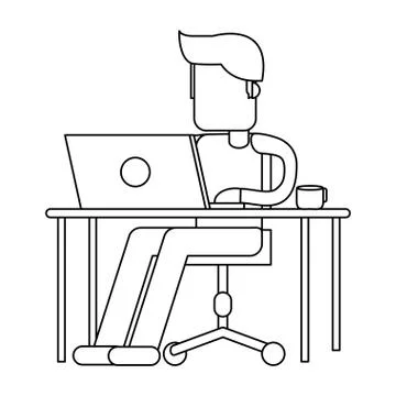 Working with computer avatar black and white Stock Illustration