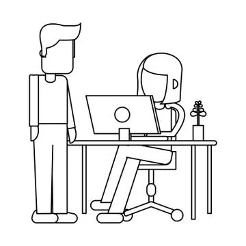 Working with computer avatar black and white Stock Illustration