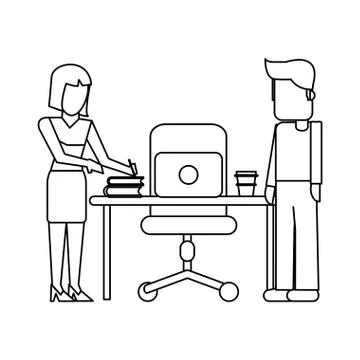 Working with computer avatar black and white Stock Illustration