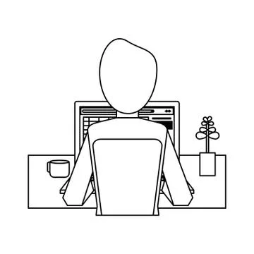Working with computer avatar black and white Illustrazione stock