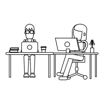 Working with computer avatar black and white Stock Illustration