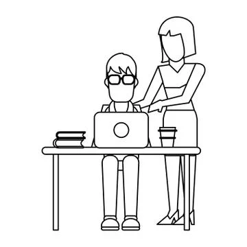 Working with computer avatar black and white Illustrazione stock