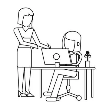 Working with computer avatar black and white Illustrazione stock