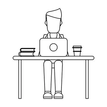 Working with computer avatar black and white Illustrazione stock