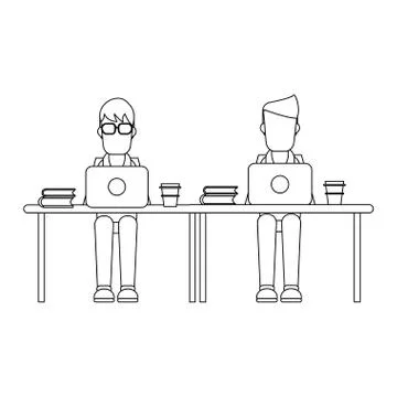 Working with computer avatar black and white Illustrazione stock