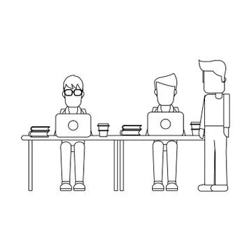 Working with computer avatar black and white Illustrazione stock